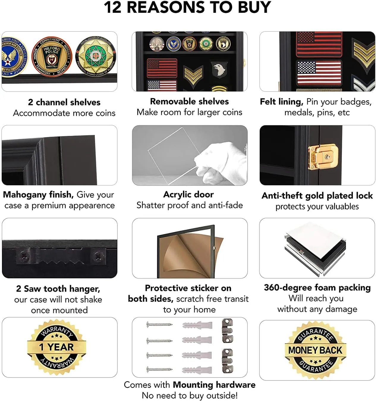 Verani Medals Display Case Wall Frame for Collector, Military Challenge Coins Holder, Pins, Lockable Shadow Box with Removable Shelves Black