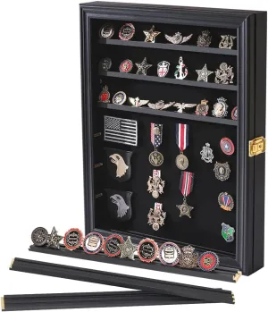 Verani Medals Display Case Wall Frame for Collector, Military Challenge Coins Holder, Pins, Lockable Shadow Box with Removable Shelves Black