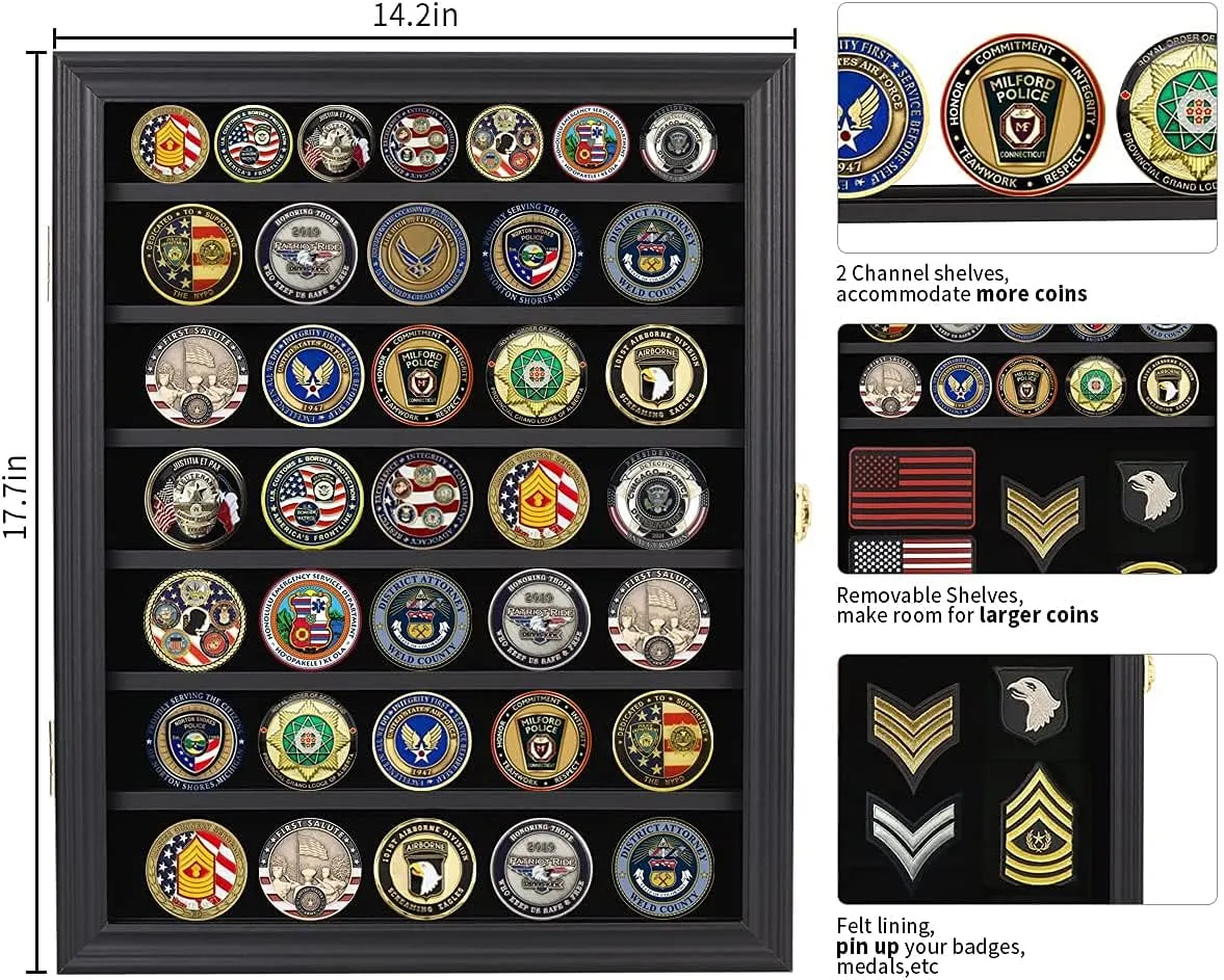 Verani Medals Display Case Wall Frame for Collector, Military Challenge Coins Holder, Pins, Lockable Shadow Box with Removable Shelves Black