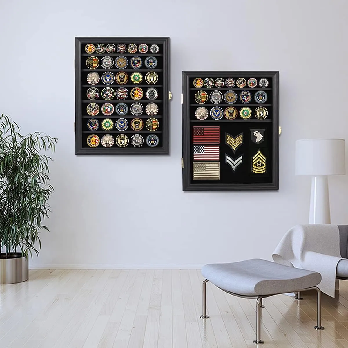 Verani Medals Display Case Wall Frame for Collector, Military Challenge Coins Holder, Pins, Lockable Shadow Box with Removable Shelves Black