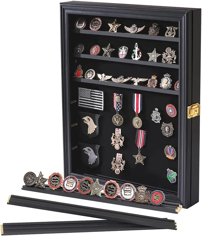 Verani Medals Display Case Wall Frame for Collector, Military Challenge Coins Holder, Pins, Lockable Shadow Box with Removable Shelves Black