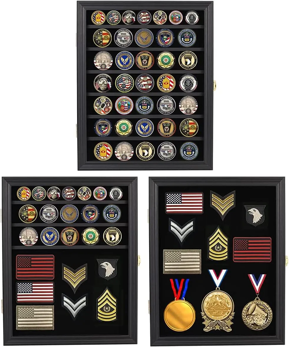 Verani Medals Display Case Wall Frame for Collector, Military Challenge Coins Holder, Pins, Lockable Shadow Box with Removable Shelves Black