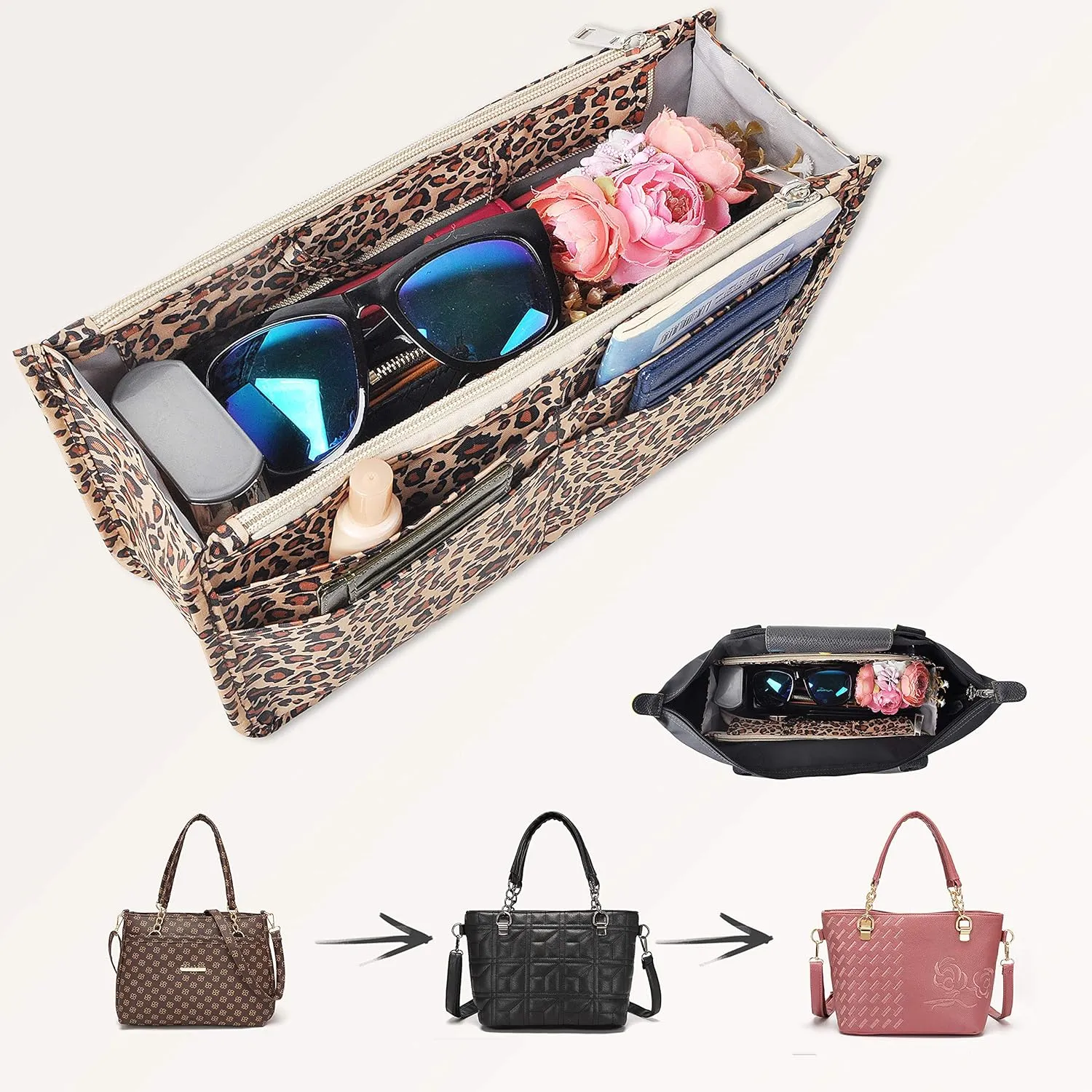 Vercord Patterned Purse Handbag Tote Pocketbook Bag Organizer Insert with Zipper Handle for Women Large Leopard