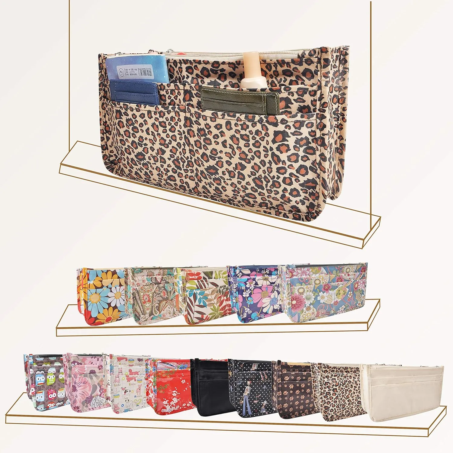 Vercord Patterned Purse Handbag Tote Pocketbook Bag Organizer Insert with Zipper Handle for Women Large Leopard