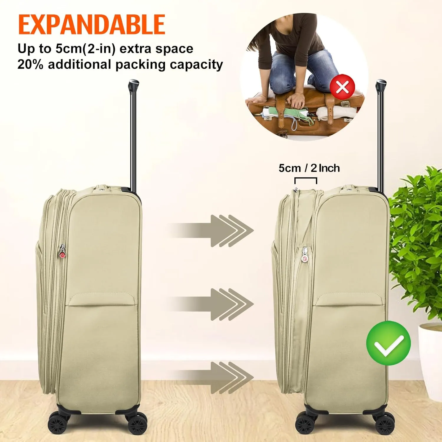 Verdi Softside Expandable 24 Inch Luggage with Spinner Wheels Lightweight Suitcase (Khaki, Checked-Large 24-Inch)
