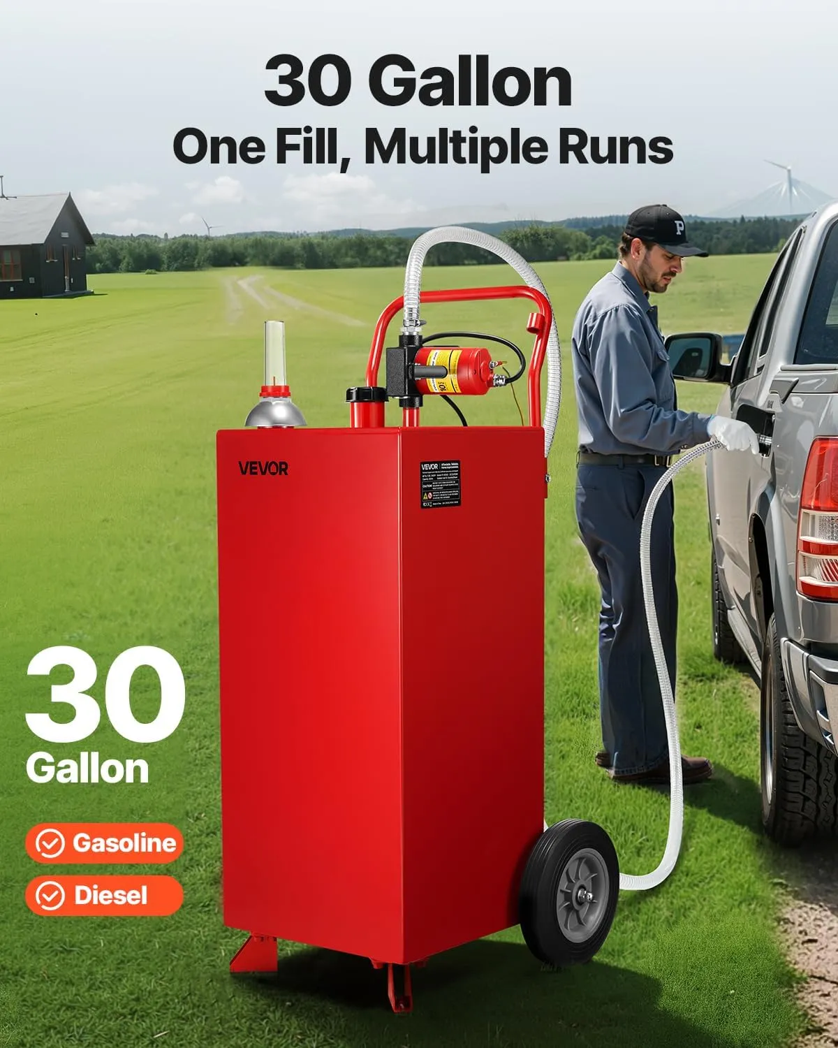 VEVOR 30 Gallon Gas Caddy, Max Flow 32L/min, Diesel Tank with Electric Pump, Diesel Storage Tank with 2 Wheels & 10 ft Hose, Gas Container for ATV, Car, Mowers, Boat, Motorcycle, and More, Red
