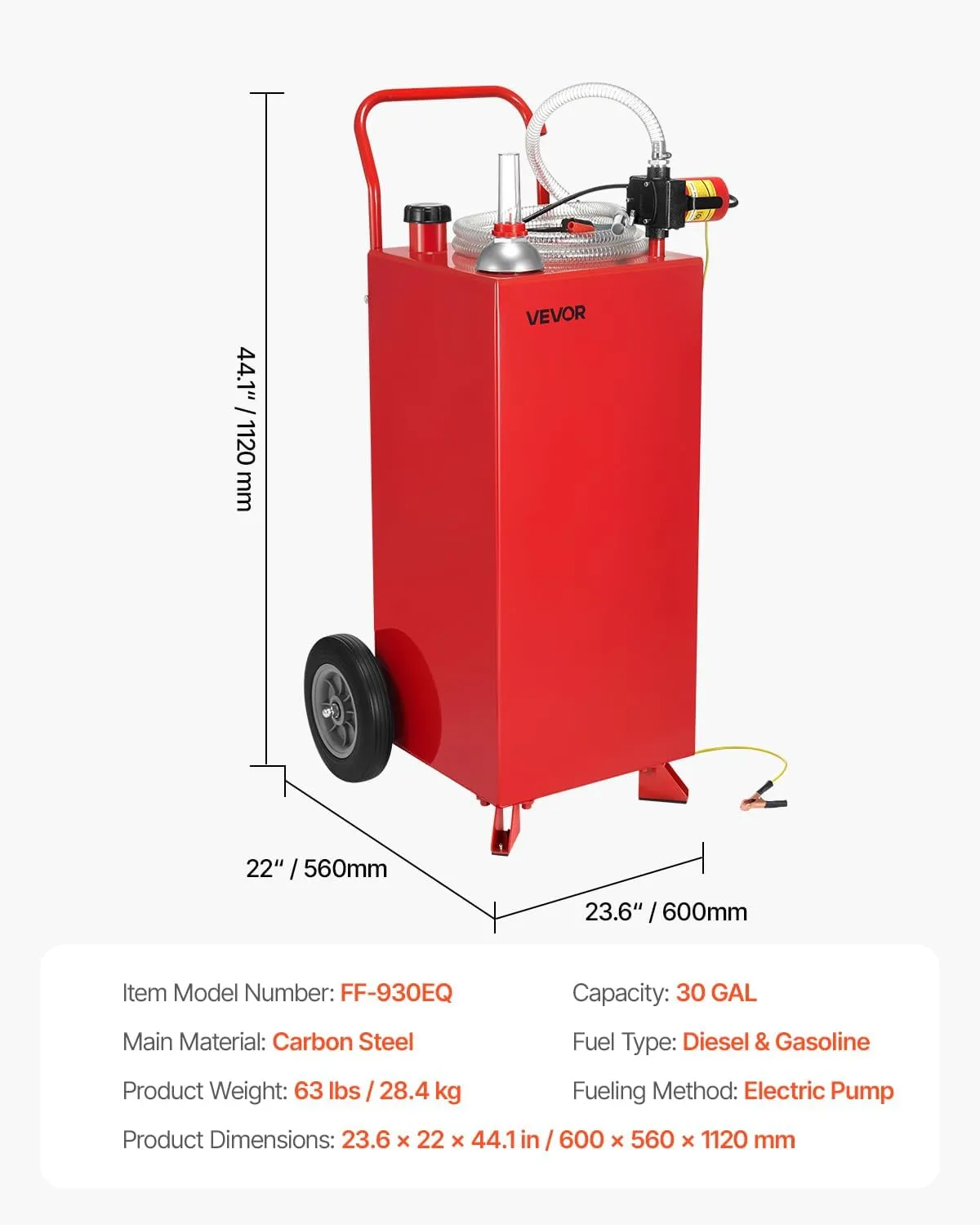 VEVOR 30 Gallon Gas Caddy, Max Flow 32L/min, Diesel Tank with Electric Pump, Diesel Storage Tank with 2 Wheels & 10 ft Hose, Gas Container for ATV, Car, Mowers, Boat, Motorcycle, and More, Red