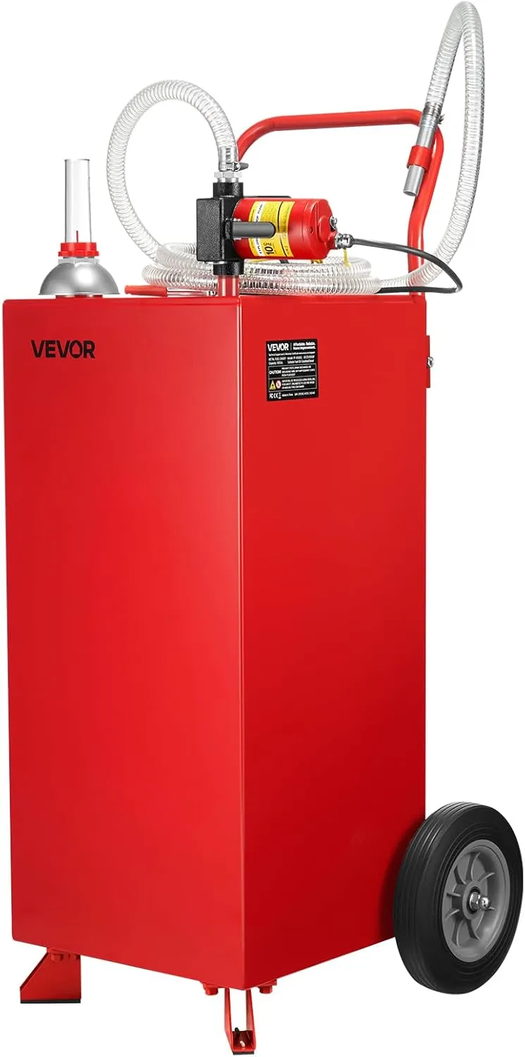 VEVOR 30 Gallon Gas Caddy, Max Flow 32L/min, Diesel Tank with Electric Pump, Diesel Storage Tank with 2 Wheels & 10 ft Hose, Gas Container for ATV, Car, Mowers, Boat, Motorcycle, and More, Red