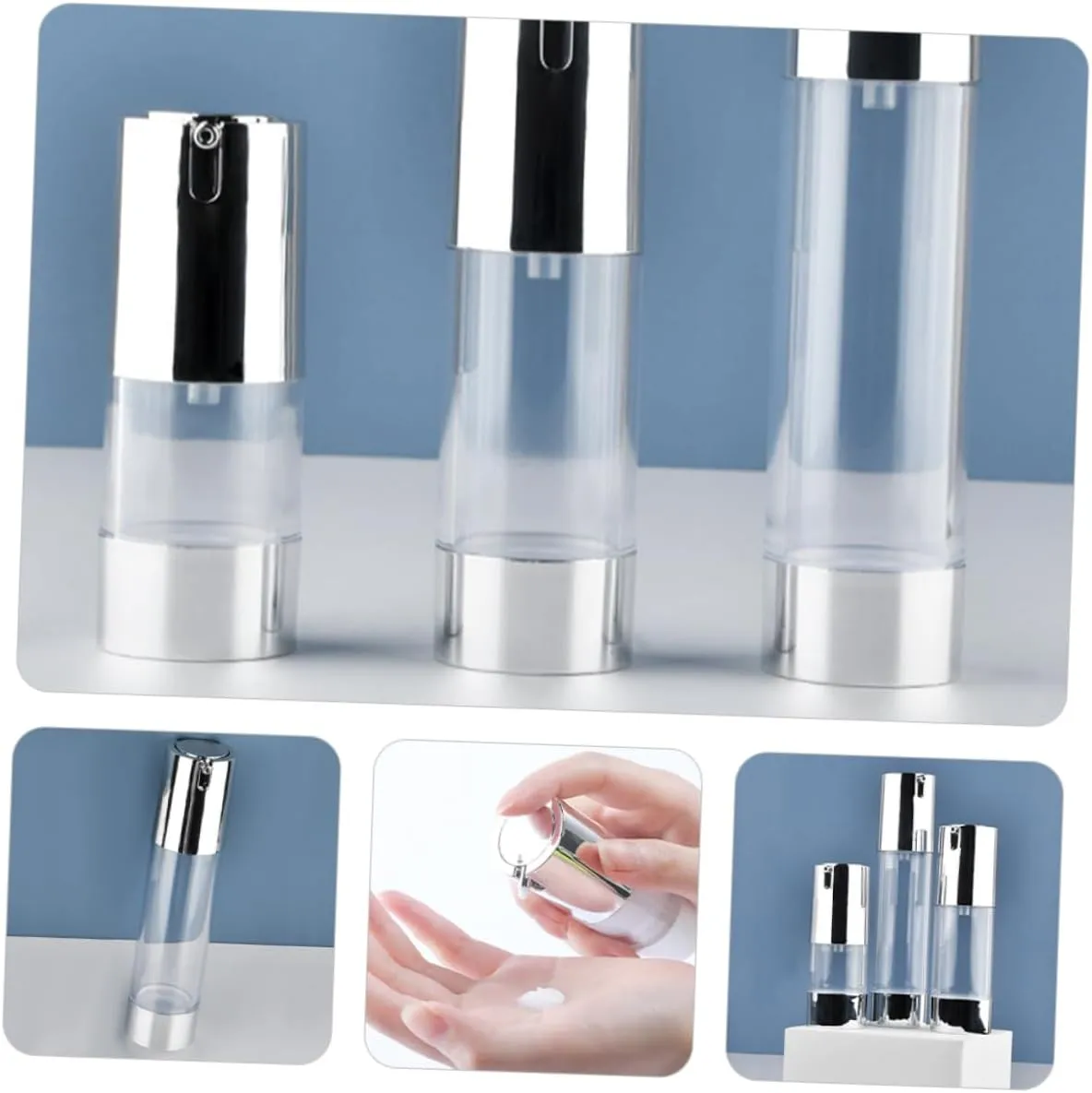 VICASKY 3pcs Travel Lotion Bottles Airless Pump Jars Mini Toiletry Containers for Creams