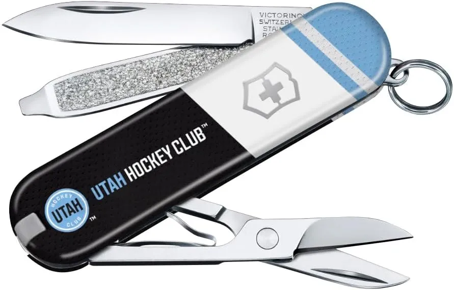 Victorinox Classic SD Swiss Army Knife – Compact 7 Function Swiss Made Pocket Knife with Small Blade, Screwdriver and Key Ring – Utah Hockey Club