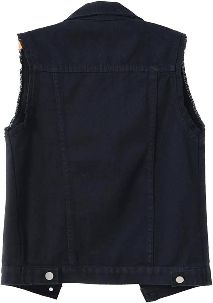 VIEWON Women's Casual Denim Waistcoat Frayed Sleeveless Ripped Jacket Vest with Pockets