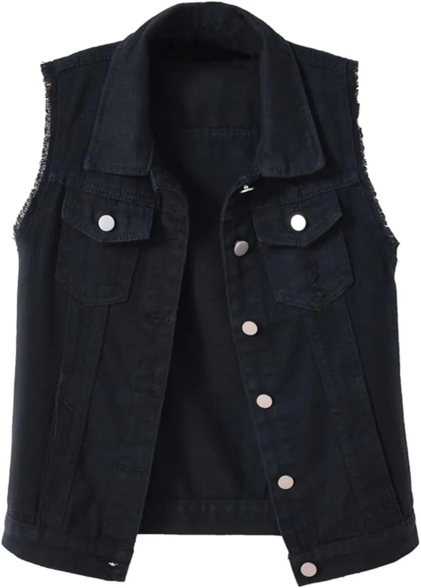 VIEWON Women's Casual Denim Waistcoat Frayed Sleeveless Ripped Jacket Vest with Pockets
