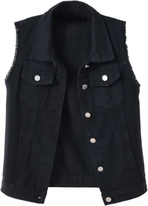 VIEWON Women's Casual Denim Waistcoat Frayed Sleeveless Ripped Jacket Vest with Pockets