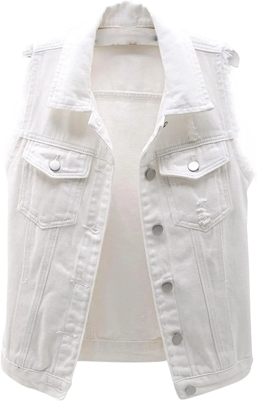 VIEWON Women's Casual Denim Waistcoat Frayed Sleeveless Ripped Jacket Vest with Pockets