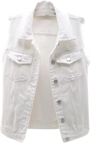 VIEWON Women's Casual Denim Waistcoat Frayed Sleeveless Ripped Jacket Vest with Pockets