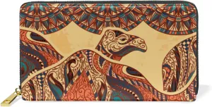 Vintage Camel Decorated with Oriental Ethnic Ornaments Leather Long Wallet Organizer with Zipper Purse Clutch Bag for Women Men