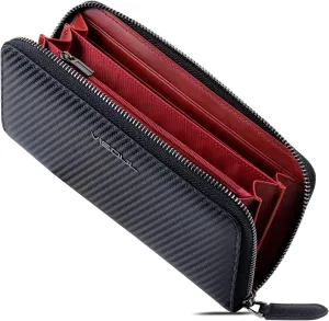 VISOUL Leather Long Zippered Pouch Wallet for Men with RFID Blocking Two-tone, Large Carbon Fiber Leather Clutch Cash Long Wallet with Zipper (Black Burgundy)