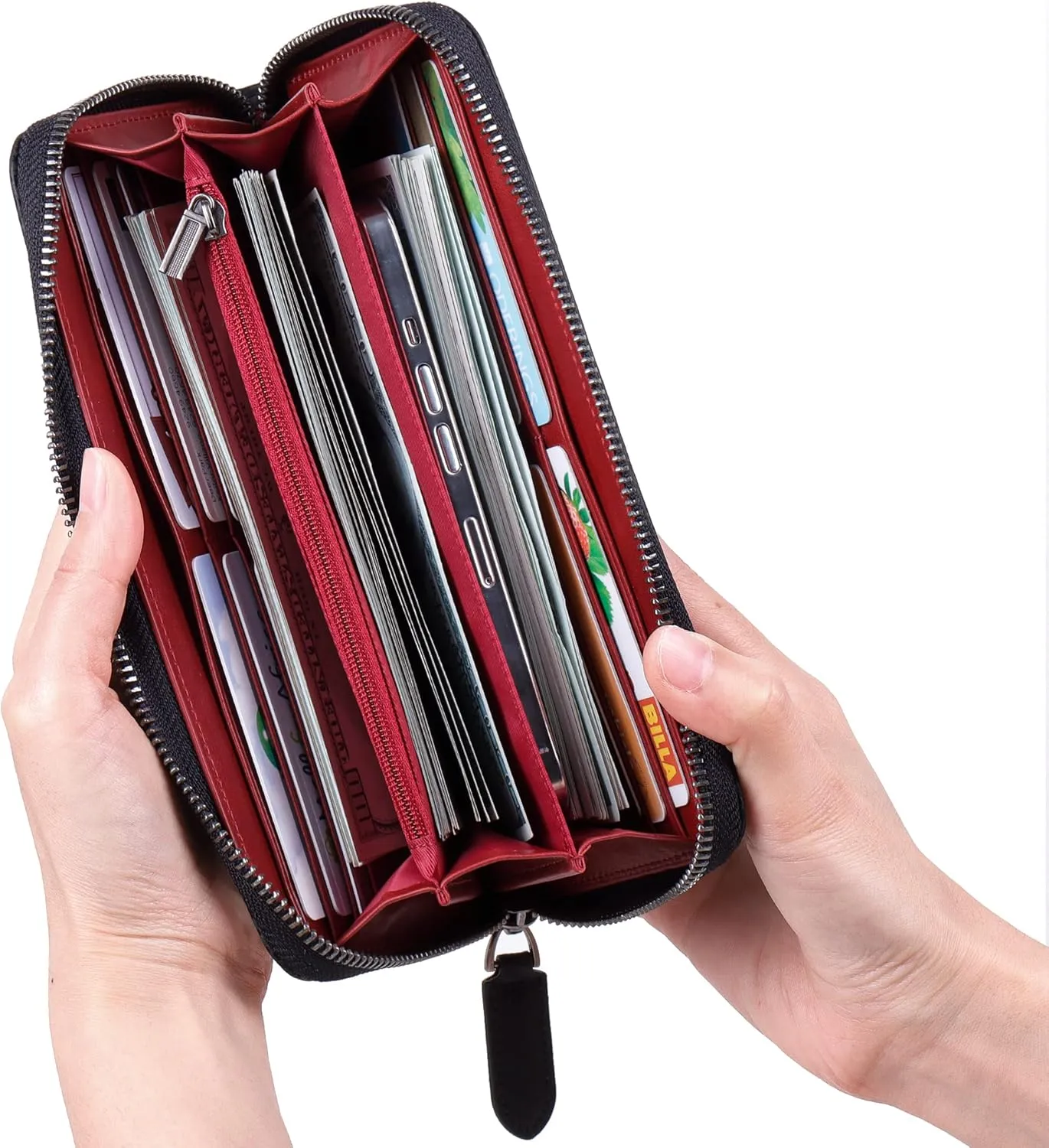 VISOUL Leather Long Zippered Pouch Wallet for Men with RFID Blocking Two-tone, Large Carbon Fiber Leather Clutch Cash Long Wallet with Zipper (Black Burgundy)