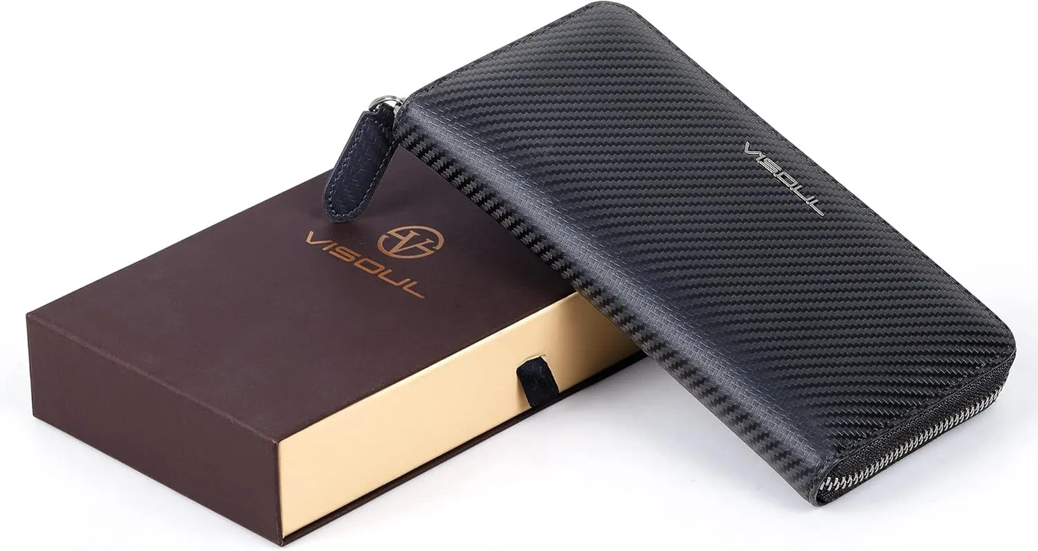 VISOUL Leather Long Zippered Pouch Wallet for Men with RFID Blocking Two-tone, Large Carbon Fiber Leather Clutch Cash Long Wallet with Zipper (Black Burgundy)