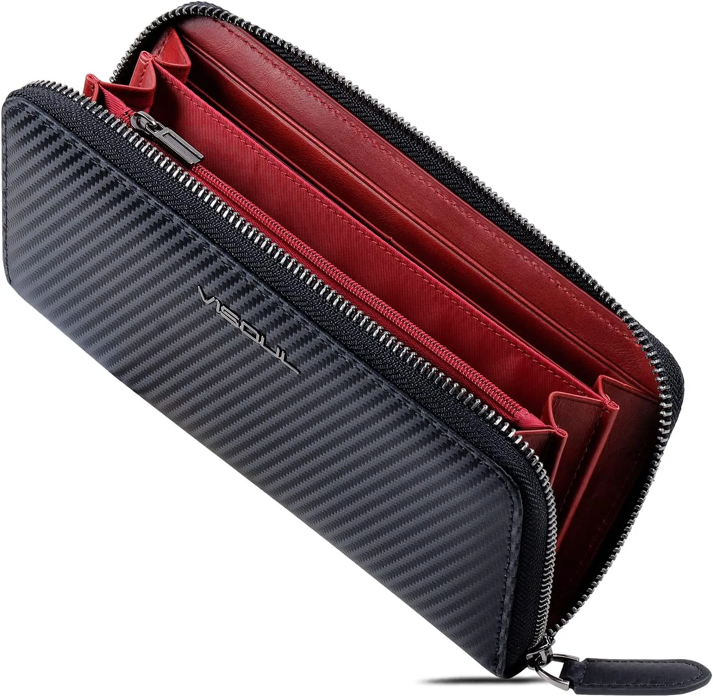 VISOUL Leather Long Zippered Pouch Wallet for Men with RFID Blocking Two-tone, Large Carbon Fiber Leather Clutch Cash Long Wallet with Zipper (Black Burgundy)