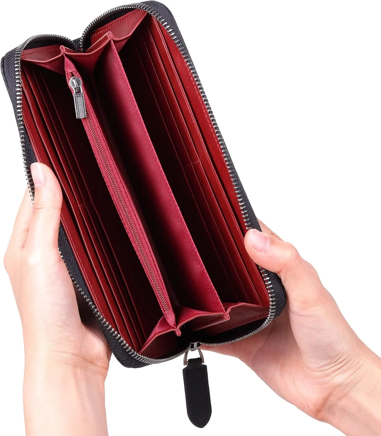VISOUL Leather Long Zippered Pouch Wallet for Men with RFID Blocking Two-tone, Large Carbon Fiber Leather Clutch Cash Long Wallet with Zipper (Black Burgundy)