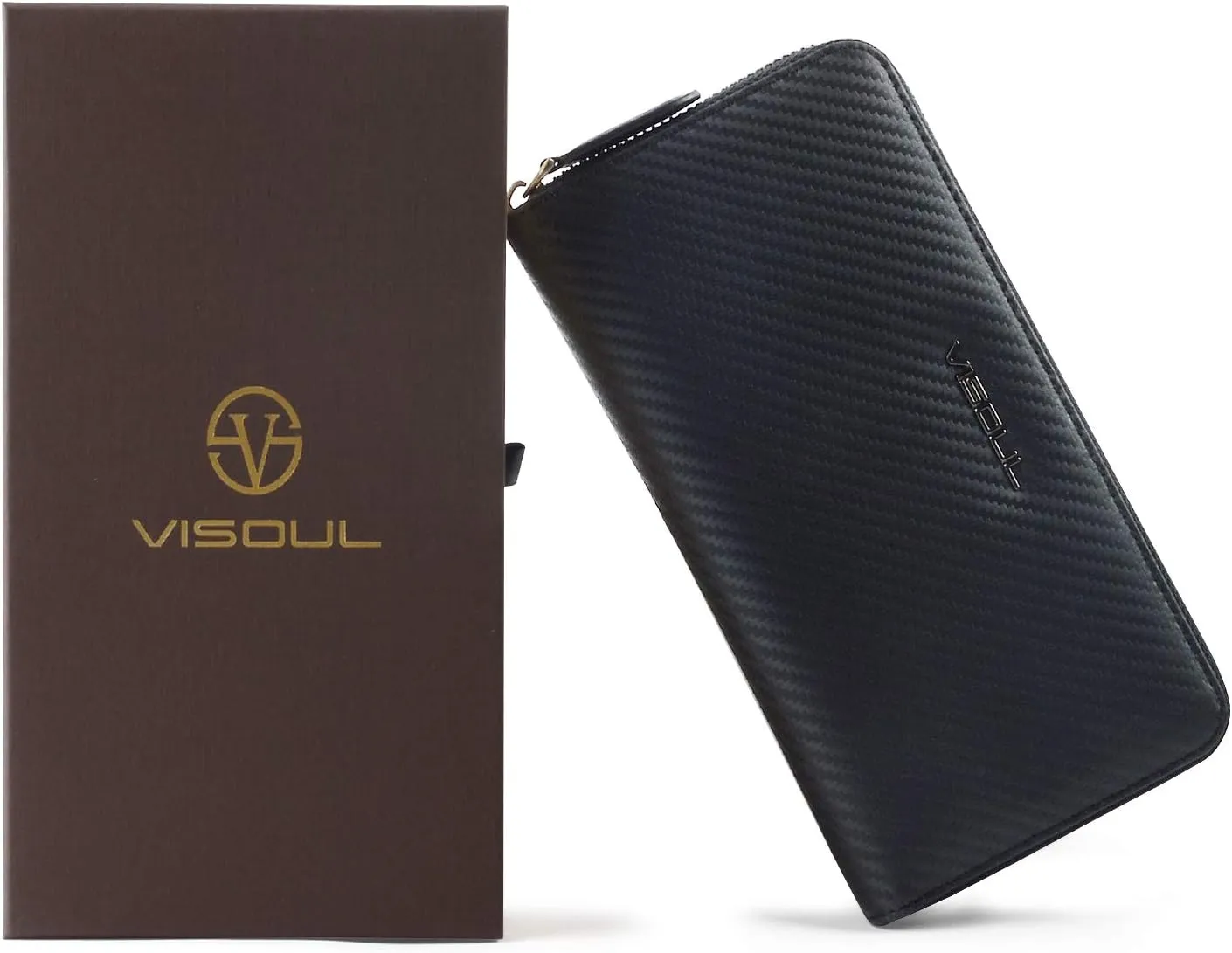 VISOUL Leather Long Zippered Pouch Wallet for Men with RFID Blocking Two-tone, Large Carbon Fiber Leather Clutch Cash Long Wallet with Zipper (Black Orange)