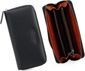 VISOUL Leather Long Zippered Pouch Wallet for Men with RFID Blocking Two-tone, Large Carbon Fiber Leather Clutch Cash Long Wallet with Zipper (Black Orange)