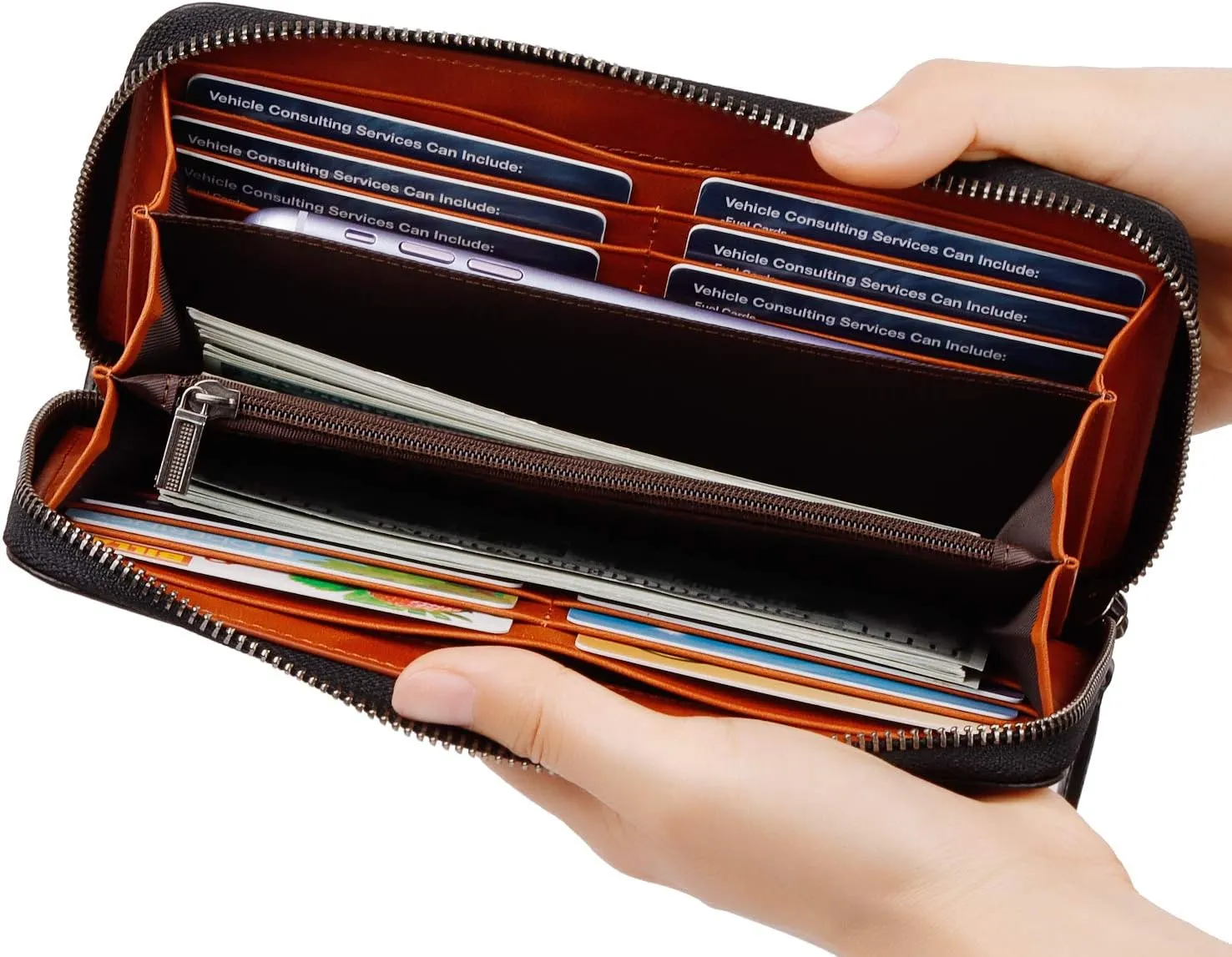 VISOUL Leather Long Zippered Pouch Wallet for Men with RFID Blocking Two-tone, Large Carbon Fiber Leather Clutch Cash Long Wallet with Zipper (Black Orange)
