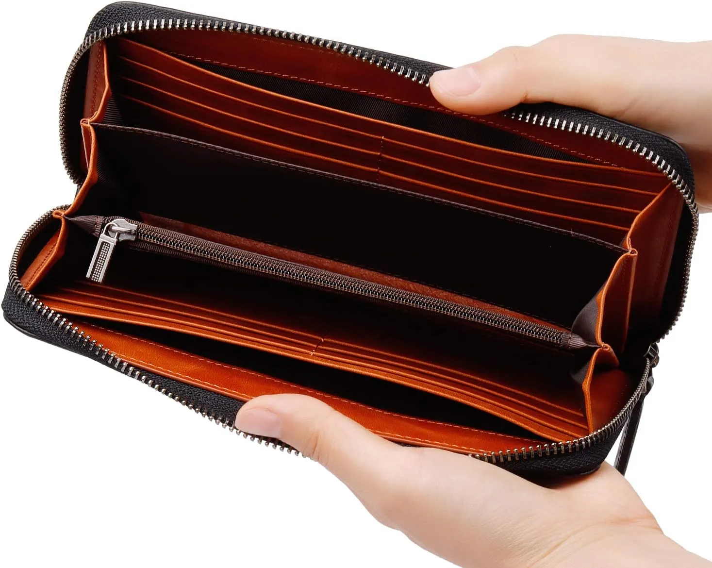 VISOUL Leather Long Zippered Pouch Wallet for Men with RFID Blocking Two-tone, Large Carbon Fiber Leather Clutch Cash Long Wallet with Zipper (Black Orange)