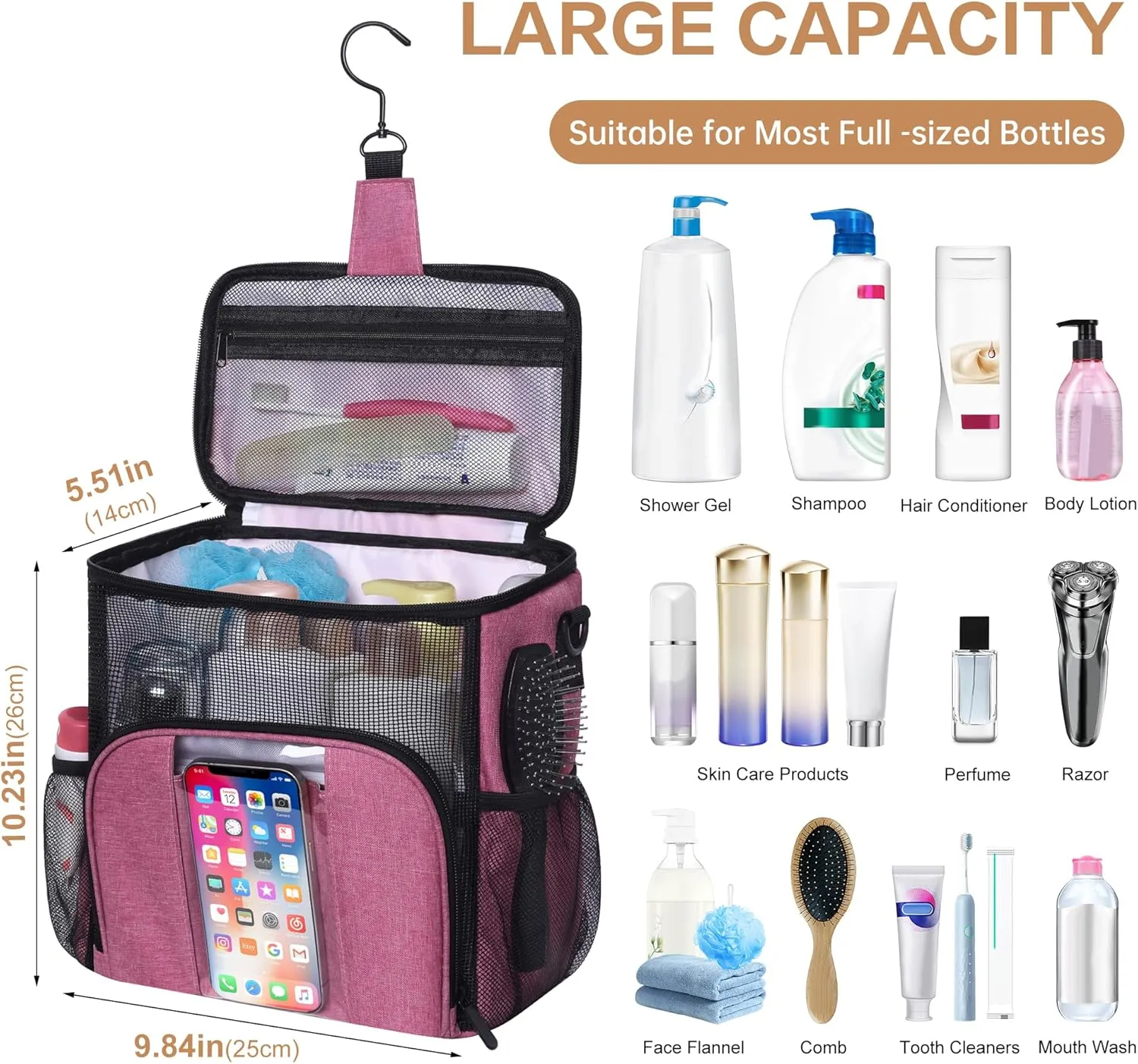 VOCUS Portable Shower Caddy College Tote Bag, Toiletry Bag for Men and Women,Travel Toiletry Organizer Bag with Hanging Hook,Large Water-resistant Shaving Bag for Toiletries Accessories