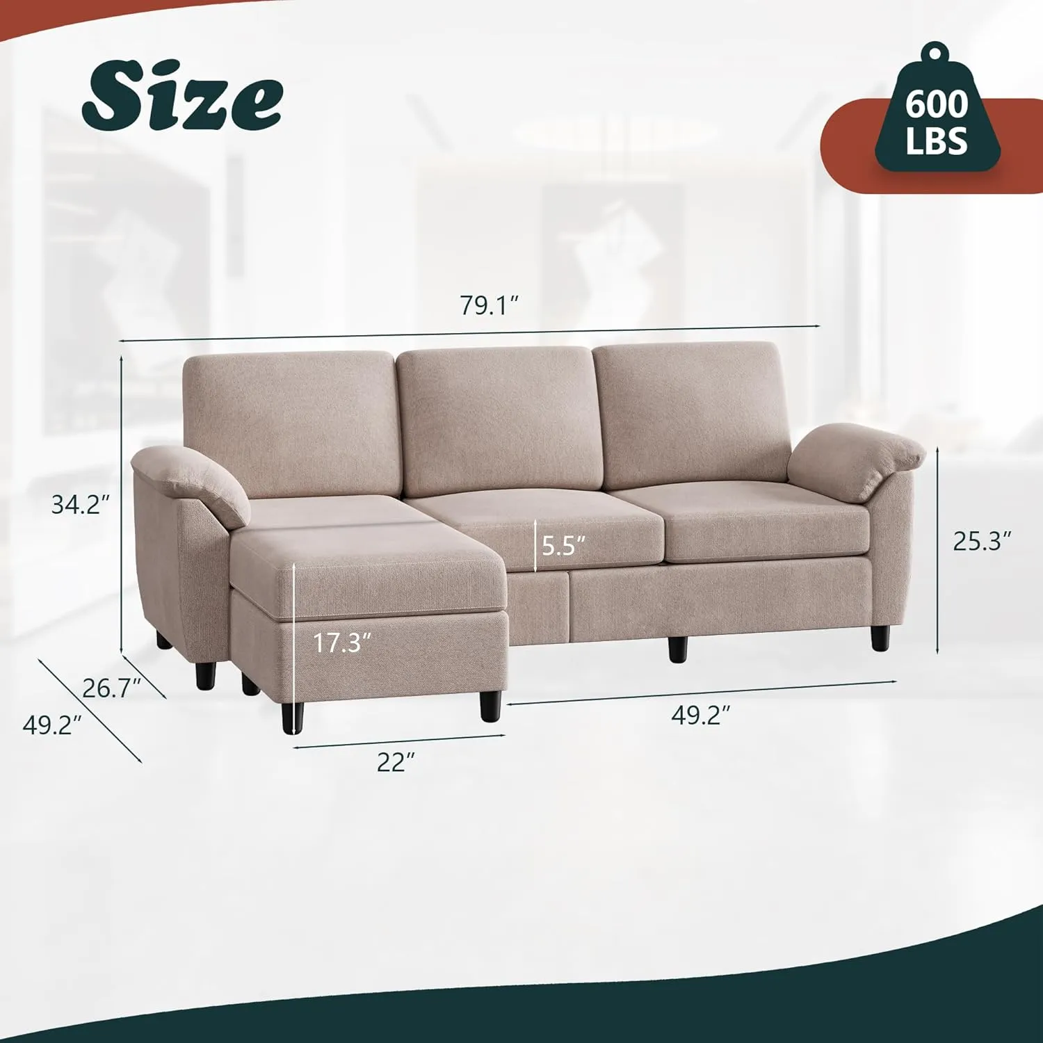Vongrasig 79" Convertible Sectional Sofa Couch, 3 Seat L Shaped Sofa with Removable Pillows Linen Fabric Small Couches Mid Century for Living Room, Apartment and Office, Khaki