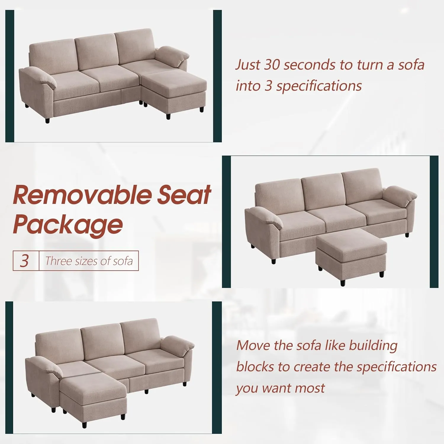 Vongrasig 79" Convertible Sectional Sofa Couch, 3 Seat L Shaped Sofa with Removable Pillows Linen Fabric Small Couches Mid Century for Living Room, Apartment and Office, Khaki