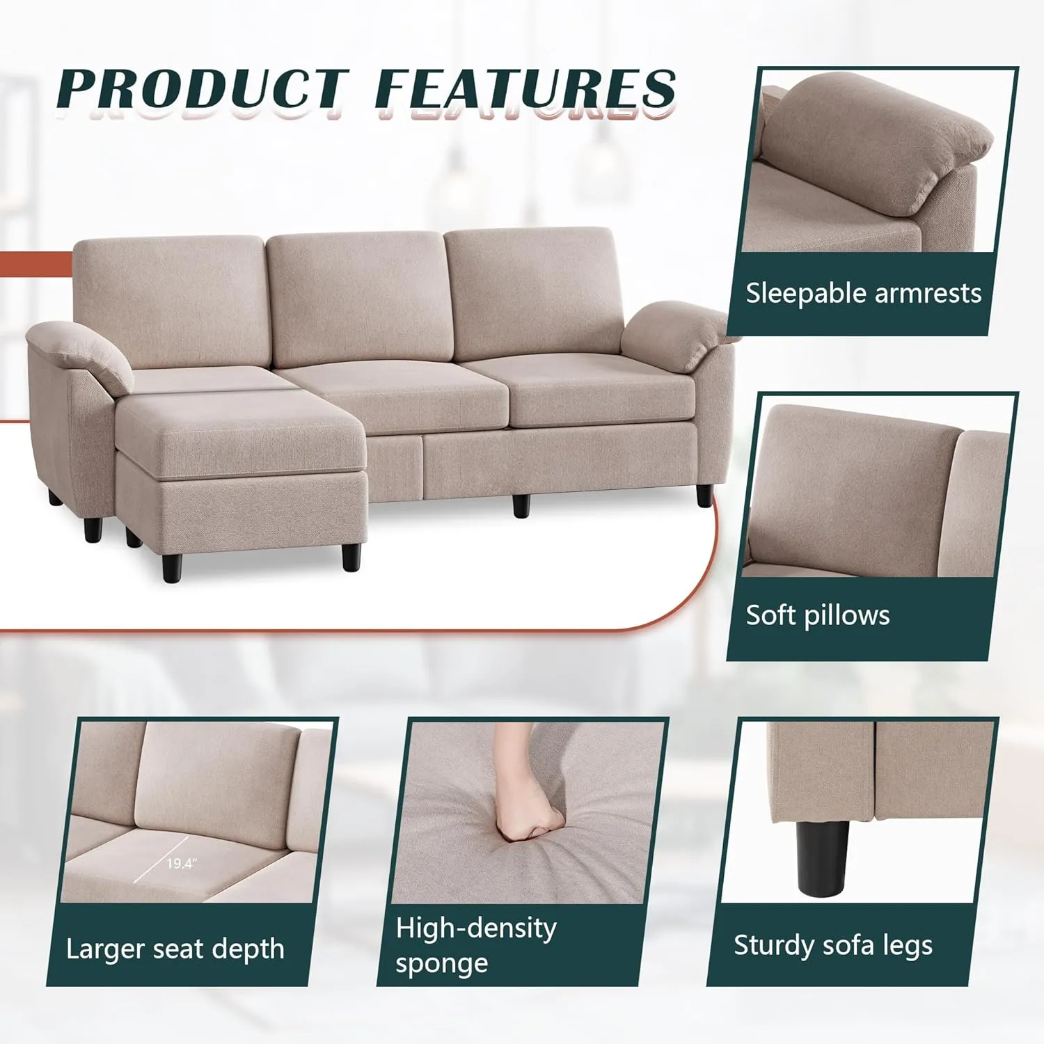 Vongrasig 79" Convertible Sectional Sofa Couch, 3 Seat L Shaped Sofa with Removable Pillows Linen Fabric Small Couches Mid Century for Living Room, Apartment and Office, Khaki