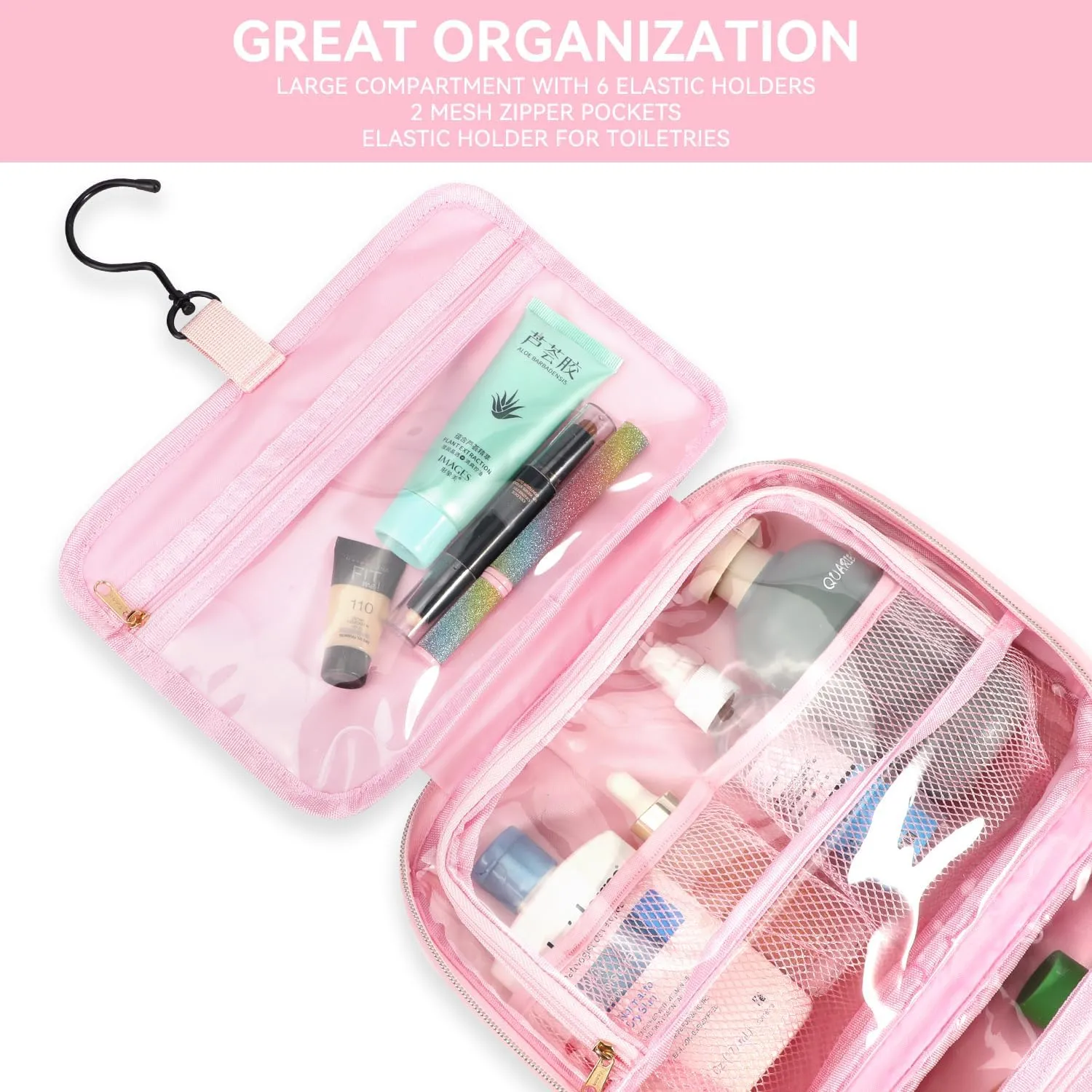 Voova Hanging Travel Toiletry Bag for Women Men, Waterproof Makeup Cosmetic Organizer Holder for Toiletries Accessories, Traveling Essentials,Shampoo,Full-Sized Container, Brushes Kit Set, Pink