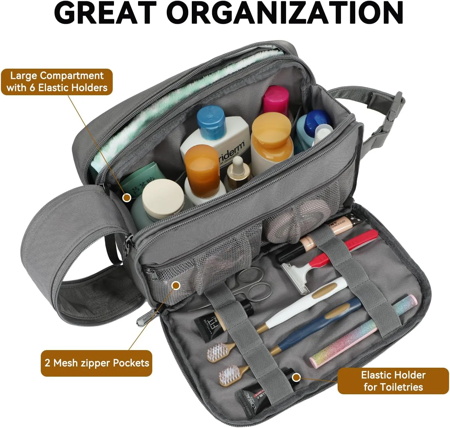 Voova Travel Toiletry Bag for Men Women, Hanging Dopp Kit Water Resistant Shaving Bag for Toiletries Accessories, Small Makeup Organizer Case for Traveling Essentials, Bathroom, Cosmetics, Grey