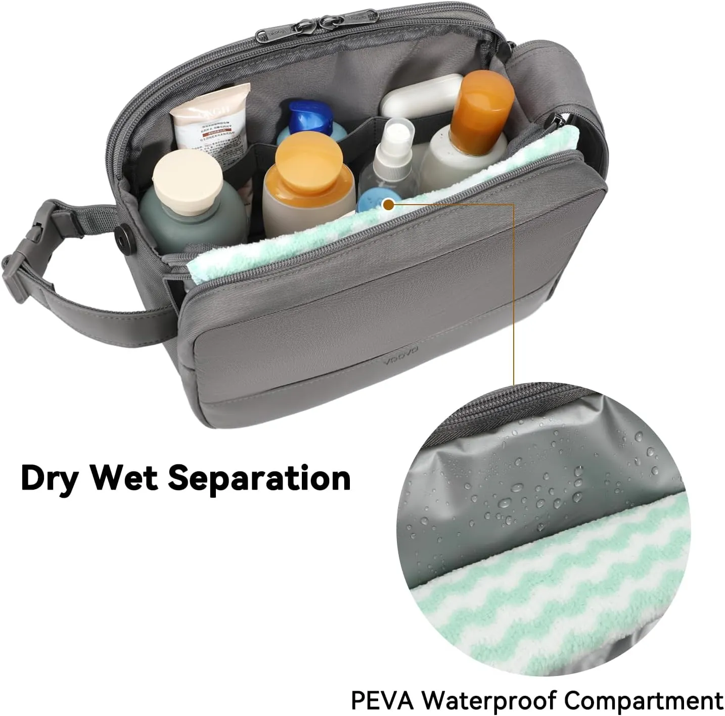 Voova Travel Toiletry Bag for Men Women, Hanging Dopp Kit Water Resistant Shaving Bag for Toiletries Accessories, Small Makeup Organizer Case for Traveling Essentials, Bathroom, Cosmetics, Grey