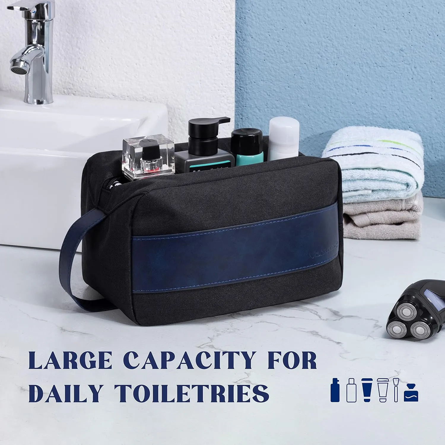 Vorspack Toiletry Bag for Men - Large Dopp Kit for Travel Water Resistant Travel Bag for Toiletries Accessories Lightweight Toiletries Bag - Black&Blue