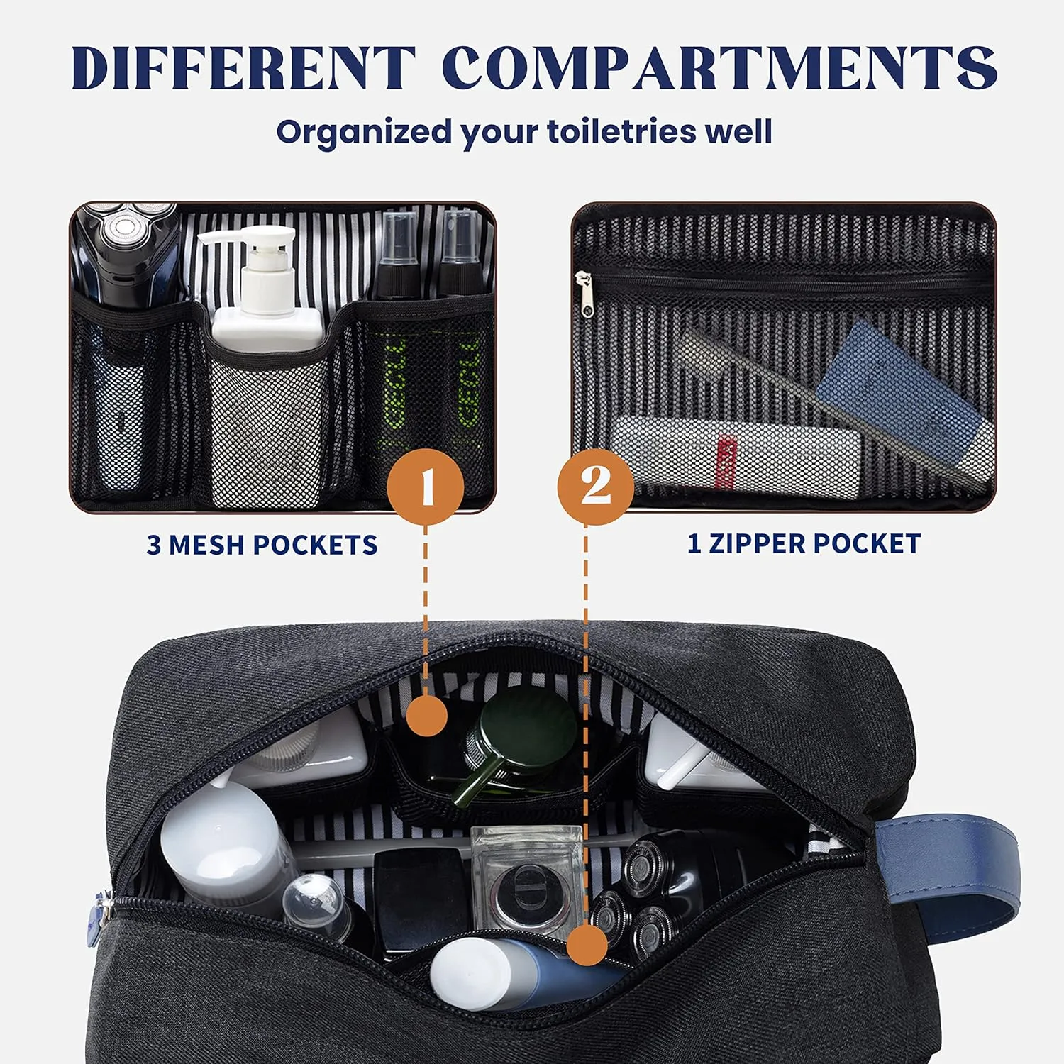 Vorspack Toiletry Bag for Men - Large Dopp Kit for Travel Water Resistant Travel Bag for Toiletries Accessories Lightweight Toiletries Bag - Black&Blue