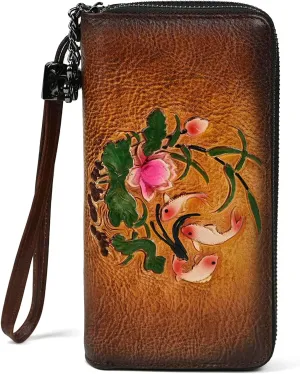 Wallet women's genuine leather driver's license bag, credit card bag, large capacity retro printed women's handbag (coffee)