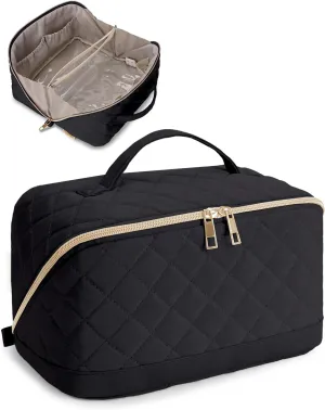 Wandering Nature Travel Makeup Bag,Travel Make up Bag with Large Capacity,Quilted Makeup Organizer Bag, Open Flat Travel Toiletry Bag for Women Cosmetic Bag with Divider and Handle,Patent Pending