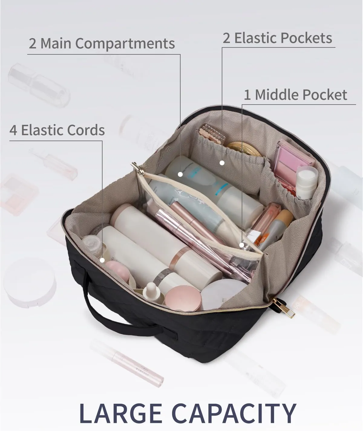 Wandering Nature Travel Makeup Bag,Travel Make up Bag with Large Capacity,Quilted Makeup Organizer Bag, Open Flat Travel Toiletry Bag for Women Cosmetic Bag with Divider and Handle,Patent Pending