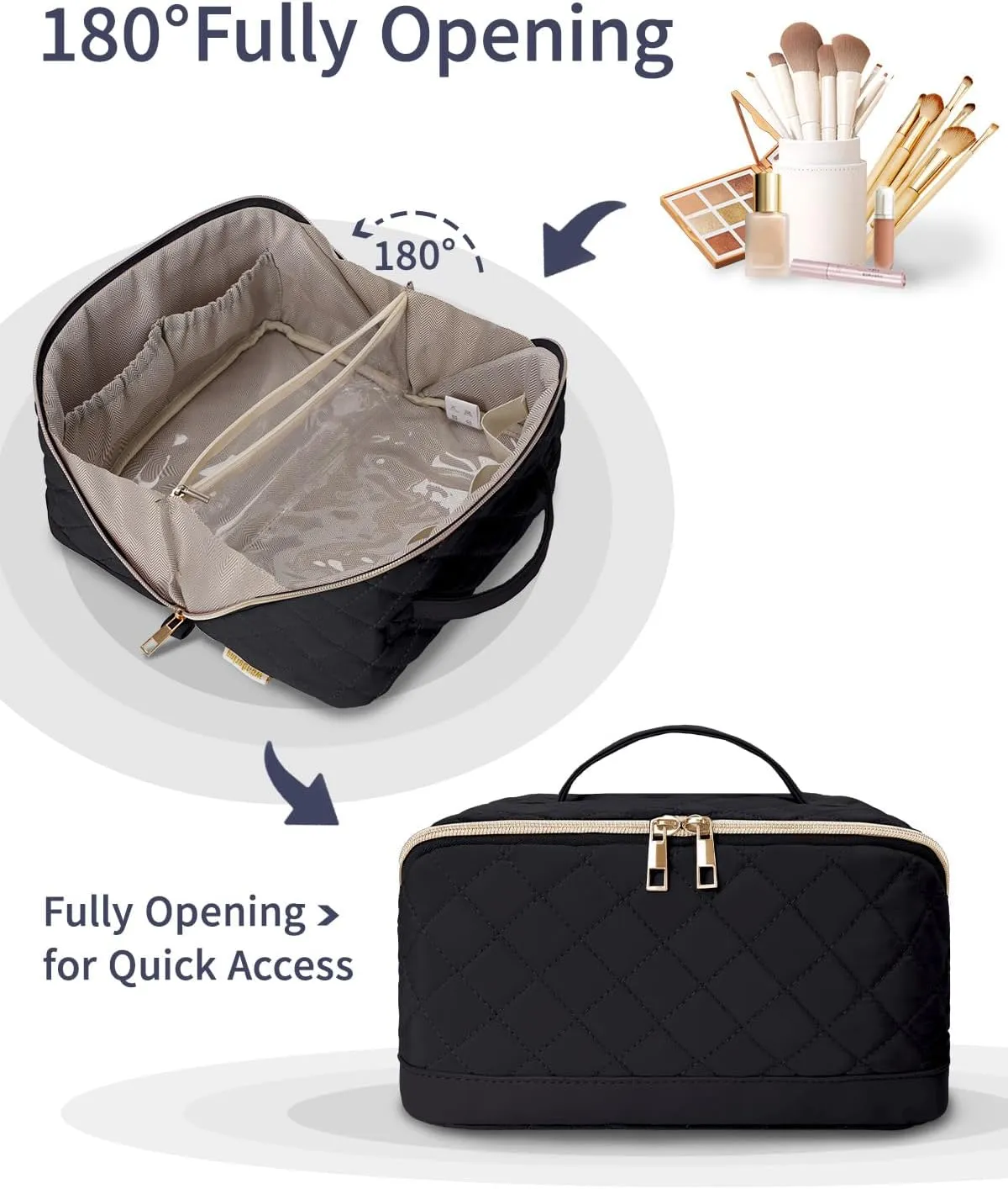 Wandering Nature Travel Makeup Bag,Travel Make up Bag with Large Capacity,Quilted Makeup Organizer Bag, Open Flat Travel Toiletry Bag for Women Cosmetic Bag with Divider and Handle,Patent Pending