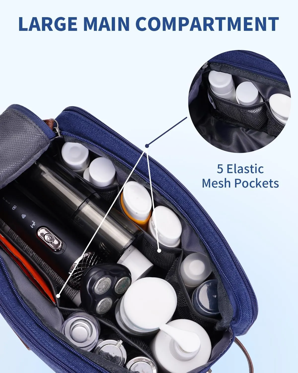 WANDF Toiletry Bag for Men Travel Toiletry Organizer Canvas and Leather Dopp Kit Water-Resistant Shaving Bag for Travel Accessories (Blue, Patent Pending)