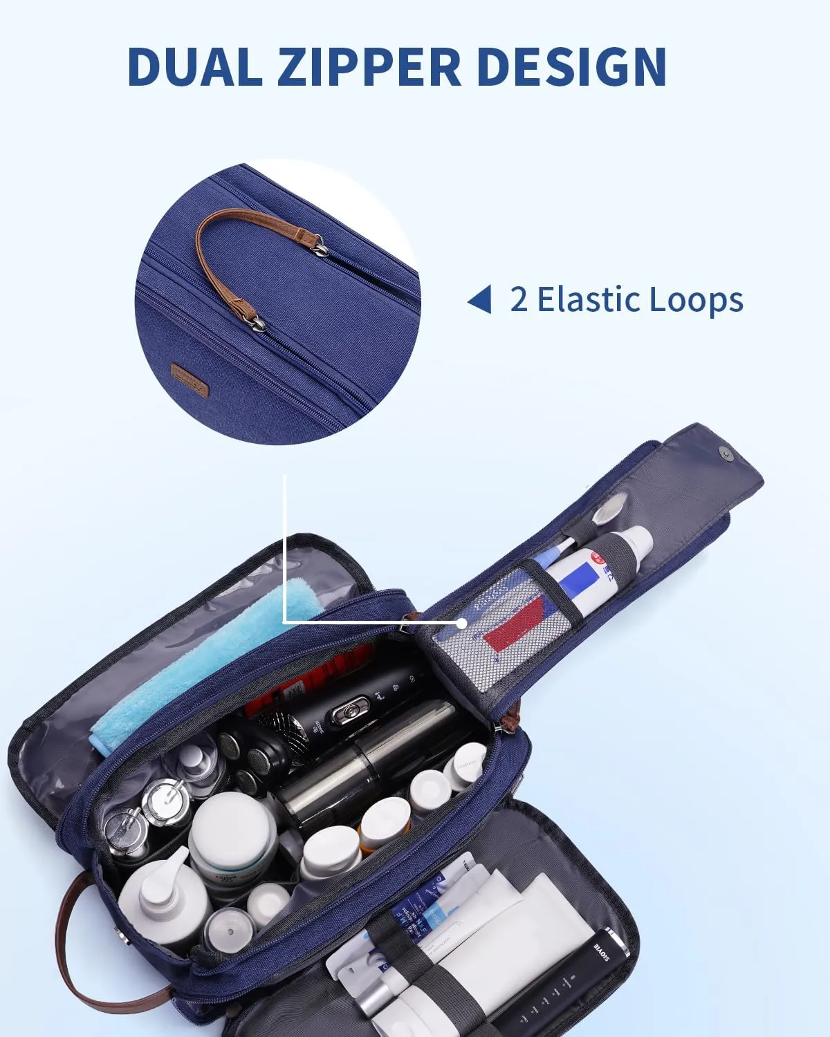WANDF Toiletry Bag for Men Travel Toiletry Organizer Canvas and Leather Dopp Kit Water-Resistant Shaving Bag for Travel Accessories (Blue, Patent Pending)
