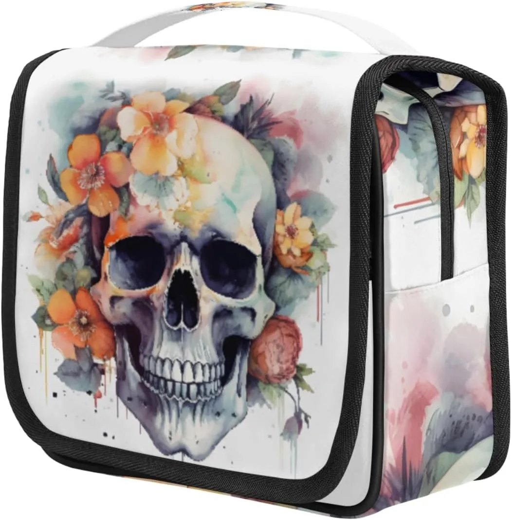 Watercolor Skull Rose Hanging Toiletry Bag Travel Bag with Hanging Hook Large Cosmetic Bag Travel Organizer Toiletry Kit for Woman Man