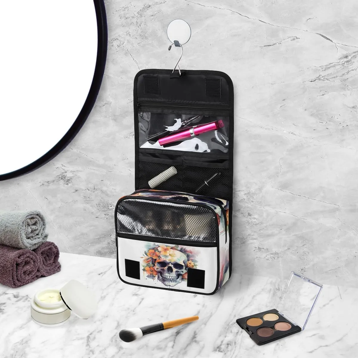 Watercolor Skull Rose Hanging Toiletry Bag Travel Bag with Hanging Hook Large Cosmetic Bag Travel Organizer Toiletry Kit for Woman Man