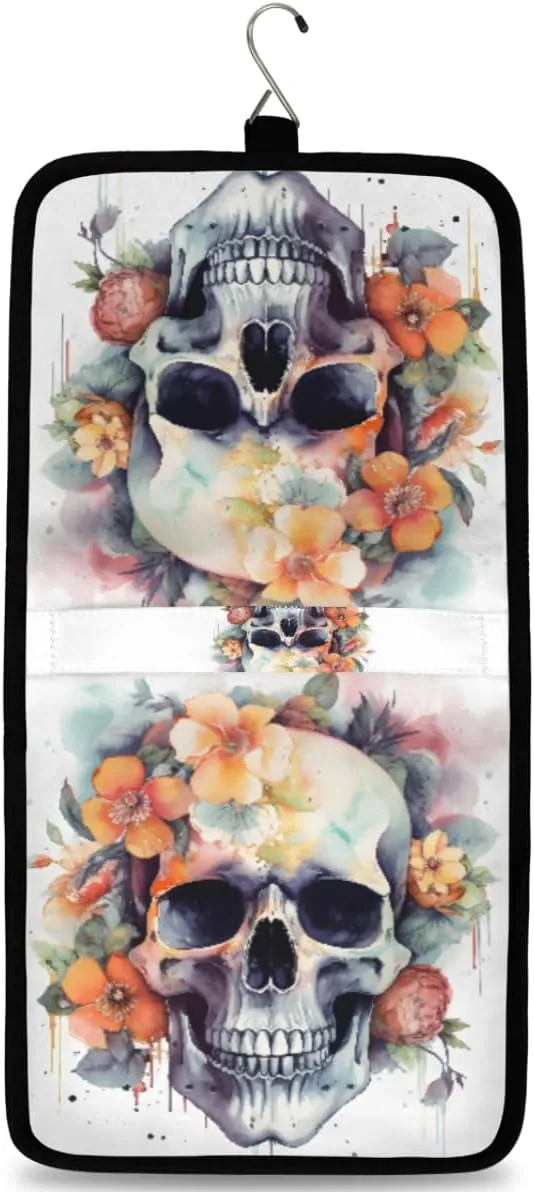 Watercolor Skull Rose Hanging Toiletry Bag Travel Bag with Hanging Hook Large Cosmetic Bag Travel Organizer Toiletry Kit for Woman Man