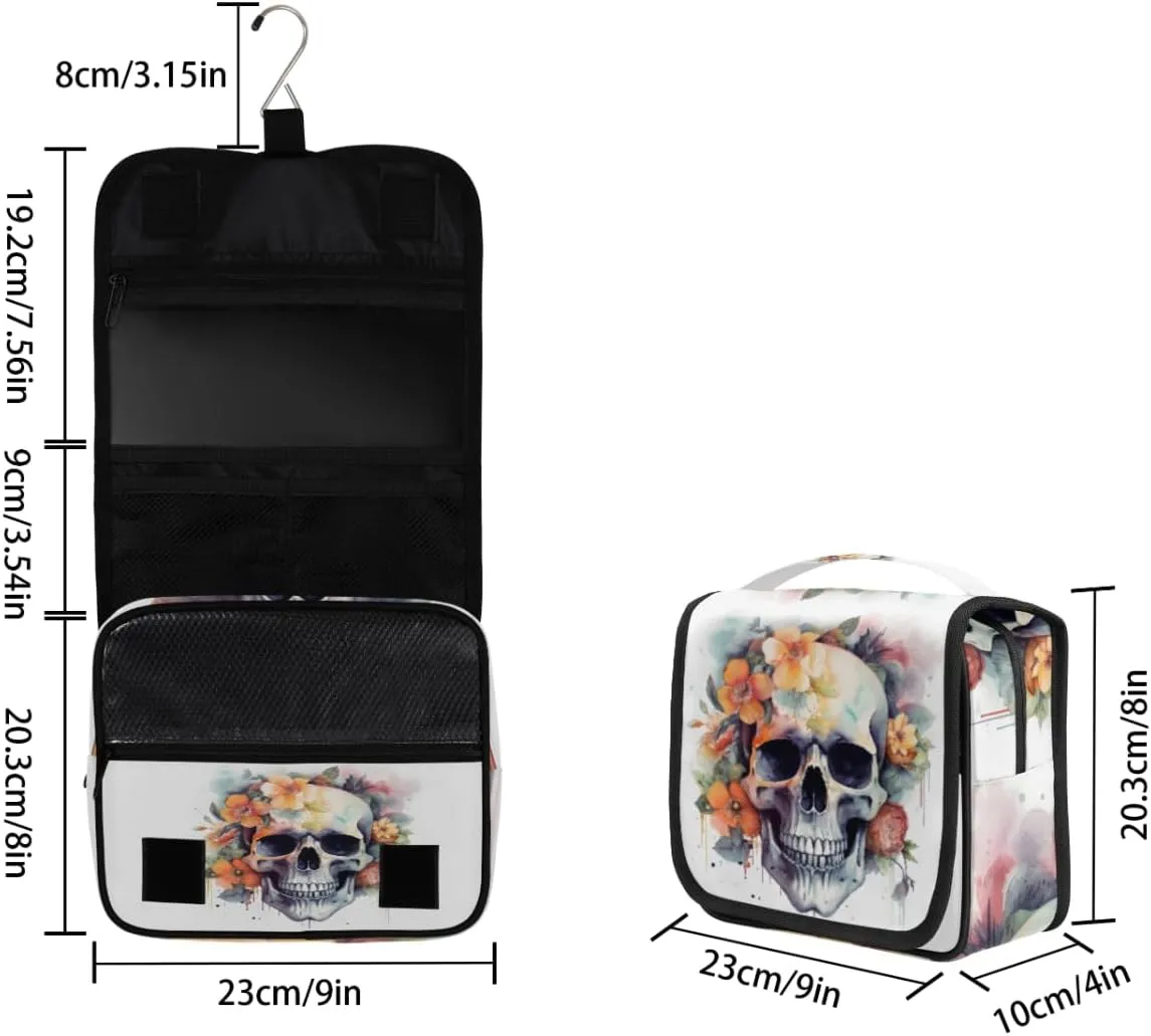 Watercolor Skull Rose Hanging Toiletry Bag Travel Bag with Hanging Hook Large Cosmetic Bag Travel Organizer Toiletry Kit for Woman Man