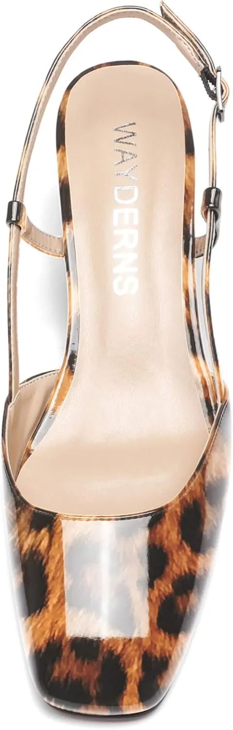 WAYDERNS Women's Ankle Strap Square Toe Block Patent Leather Slingback Chunky Low Heel Pumps Shoes 2 Inch