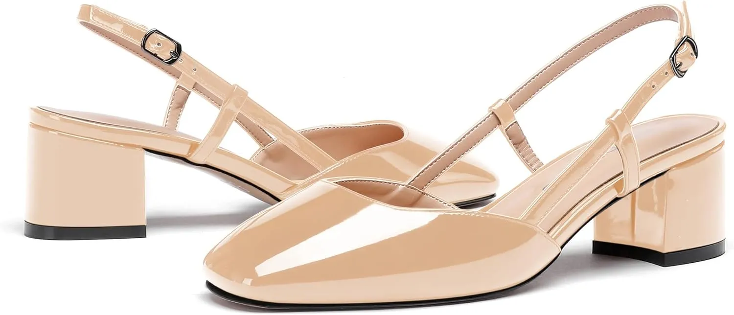 WAYDERNS Women's Ankle Strap Square Toe Block Patent Leather Slingback Chunky Low Heel Pumps Shoes 2 Inch